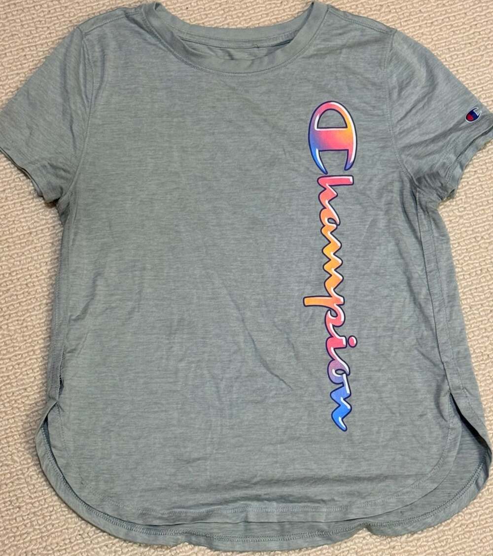 Champion Graphic T-Shirt Size 10/12 Gray Rainbow Vertical Logo